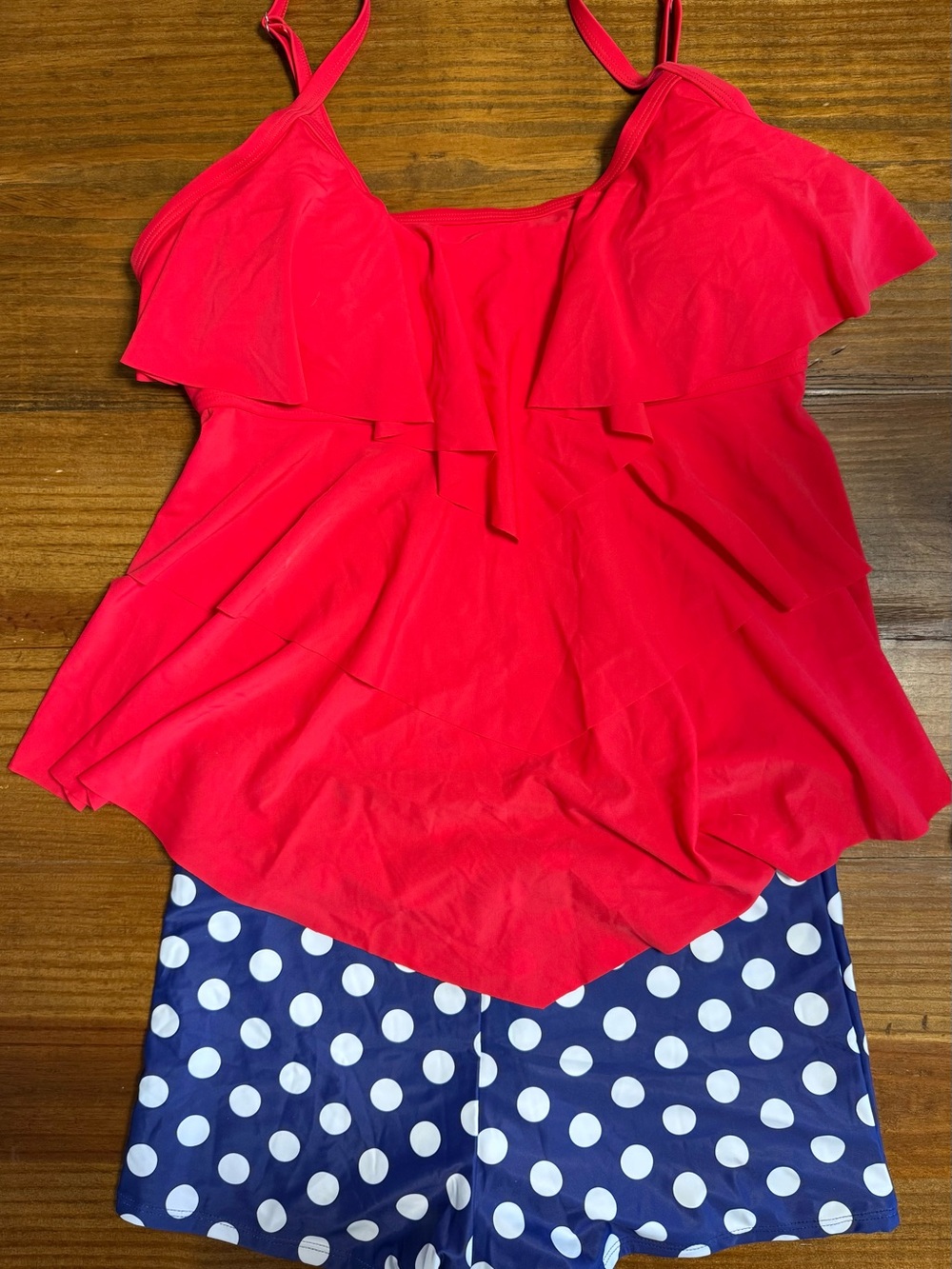 NWT B2Prity Women’s Red Ruffle Tankini Top and Navy Polka Dot Swim Shorts. XL